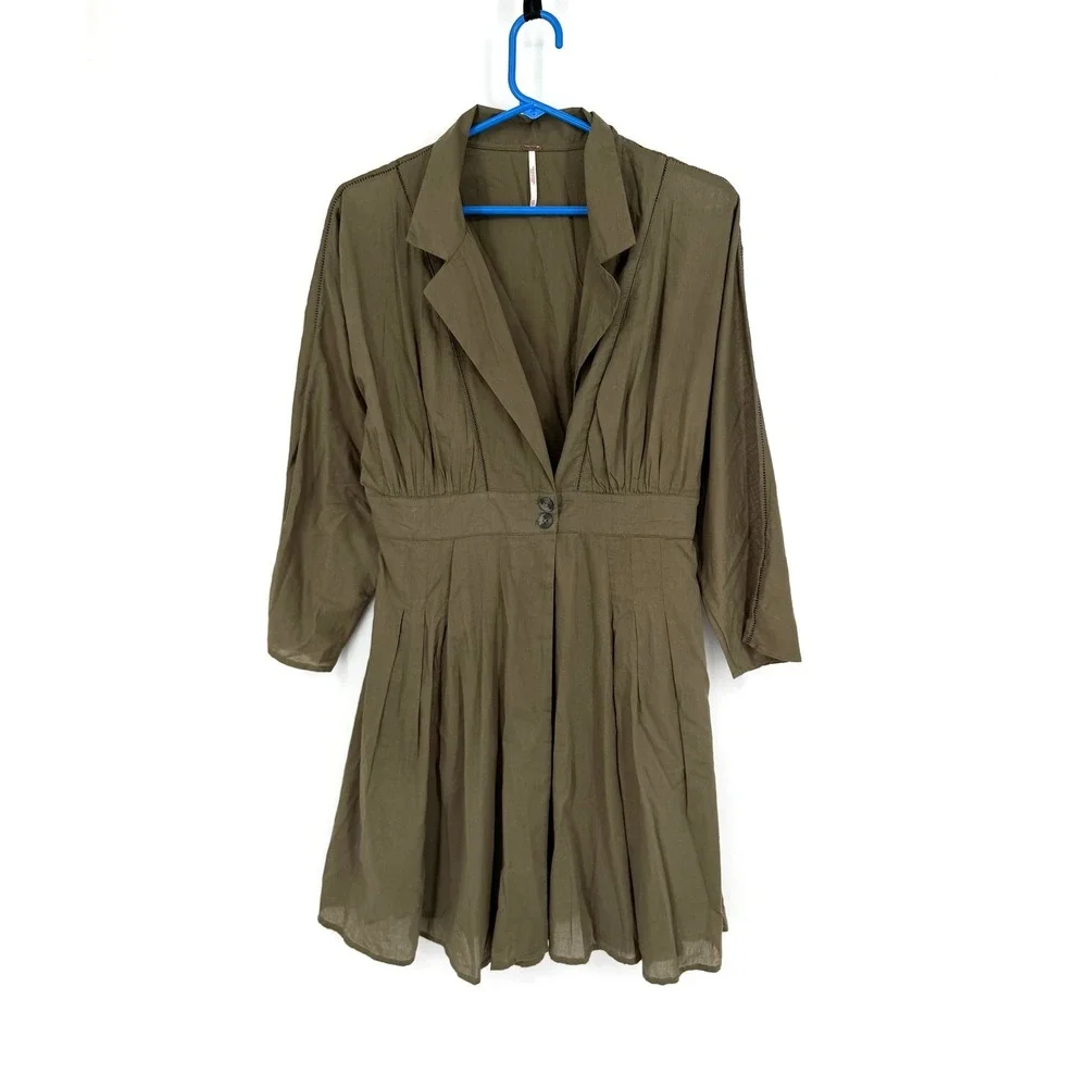 Free People Olive Green Cotton Notch Lapel Dolman Pleated Mini Dress XS OB814985